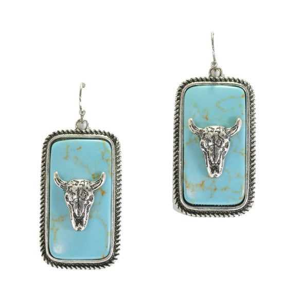 Western Bull Head Rectangle Turquoise Stone Earring