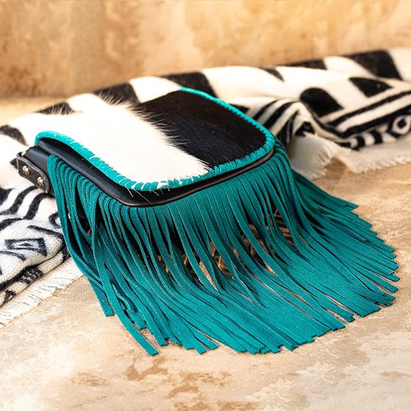 Montana West Genuine Leather Hair-On Collection Fringe Crossbody - Turquoise