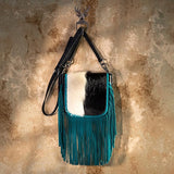 Montana West Genuine Leather Hair-On Collection Fringe Crossbody - Turquoise