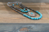 Burnished Silver and Turquoise Western Concho with Navajo Bead Layered Necklace with Matching Earrings