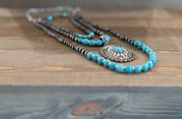 Burnished Silver and Turquoise Western Concho with Navajo Bead Layered Necklace with Matching Earrings