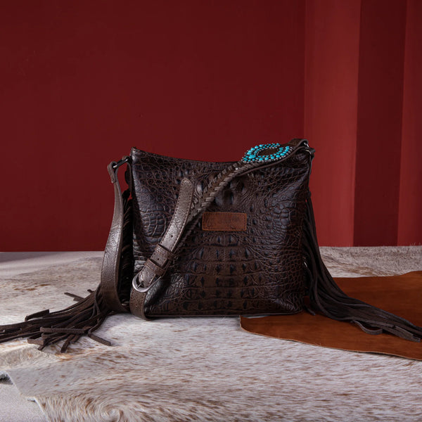 Wrangler Croc Embossed Whipstitch Concealed Carry Crossbody - Coffee