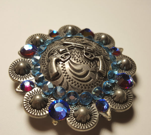 2" Custom Antique Silver Crossed Pistols Concho - Crystal Meridean Blue and Aquamarine