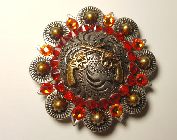 2" Custom Antique Silver Crossed Pistols Concho With Gold Berry - Fire Opal and Light Siam