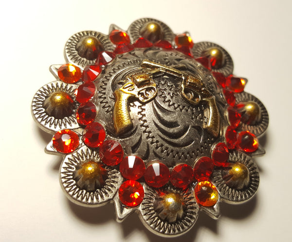 2" Custom Antique Silver Crossed Pistols Concho With Gold Berry - Fire Opal and Light Siam