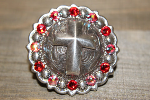 1 3/4" Custom Antique Silver Cross Concho - Light Siam and Light Siam AB