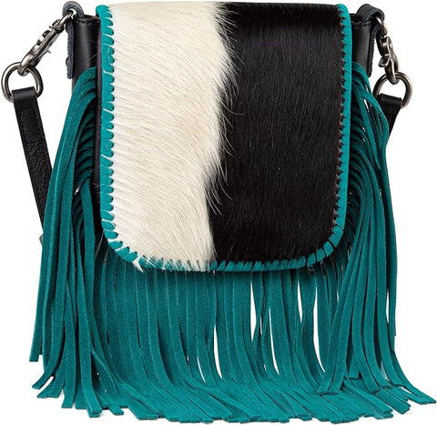 Montana West Genuine Leather Hair-On Collection Fringe Crossbody - Turquoise
