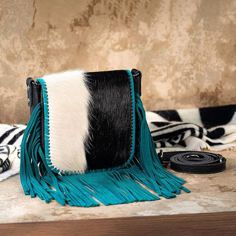 Montana West Genuine Leather Hair-On Collection Fringe Crossbody - Turquoise