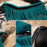 Montana West Genuine Leather Hair-On Collection Fringe Crossbody - Turquoise