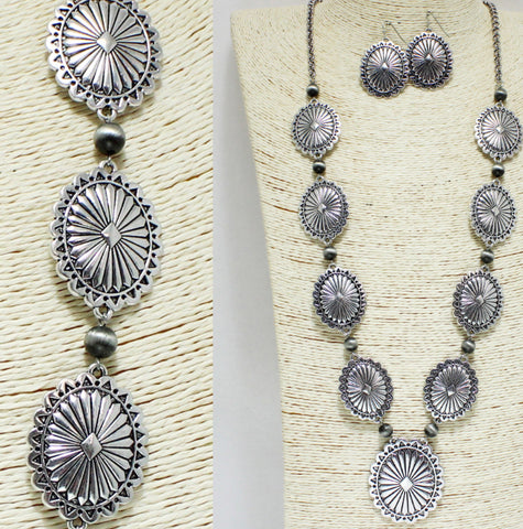 Burnished Silver Western Concho Long Necklace
