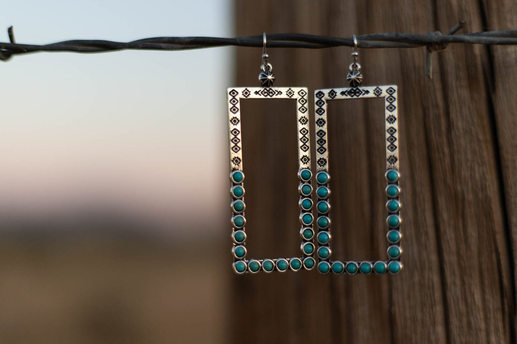 Silver and Burnished Turquoise Stone Rectangle Dangle Earring