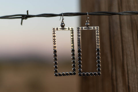 Silver and Burnished Black Stone Rectangle Dangle Earring