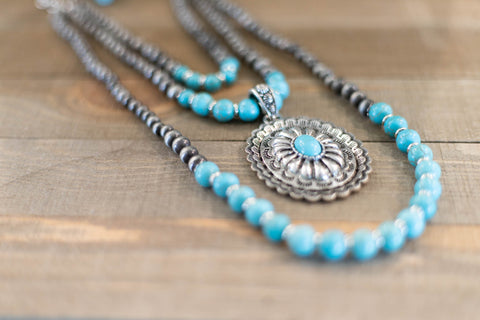 Burnished Silver and Turquoise Western Concho with Navajo Bead Layered Necklace with Matching Earrings