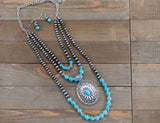 Burnished Silver and Turquoise Western Concho with Navajo Bead Layered Necklace with Matching Earrings