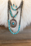 Burnished Silver and Turquoise Western Concho with Navajo Bead Layered Necklace with Matching Earrings