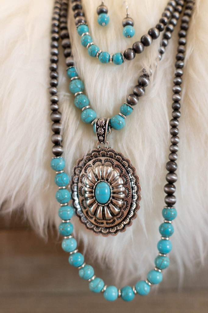 Burnished Silver and Turquoise Western Concho with Navajo Bead Layered Necklace with Matching Earrings