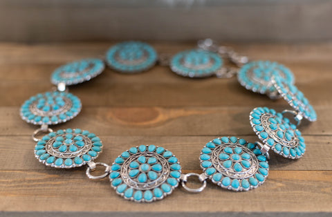 Burnished Silver and Turquoise Western Round Stone Belt