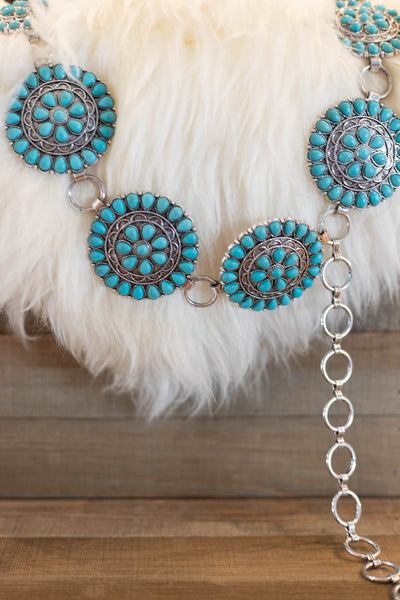 Burnished Silver and Turquoise Western Round Stone Belt