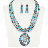 Burnished Silver Western Concho Turquoise with Navajo Bead Necklace and Earring Set