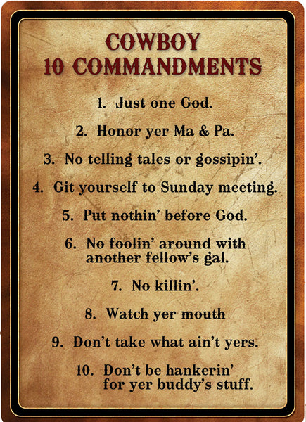 12" x 17" Tin Sign - Cowboy 10 Commandments