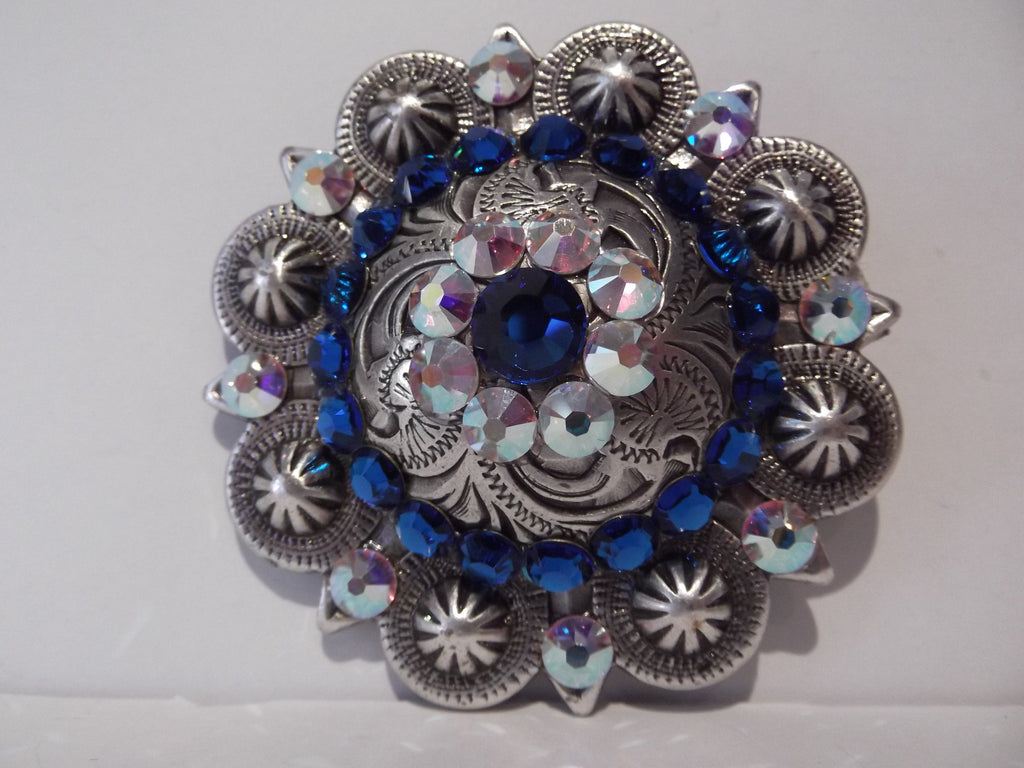 2" Custom Antique Silver Berry Concho - Capri Blue and Crystal AB