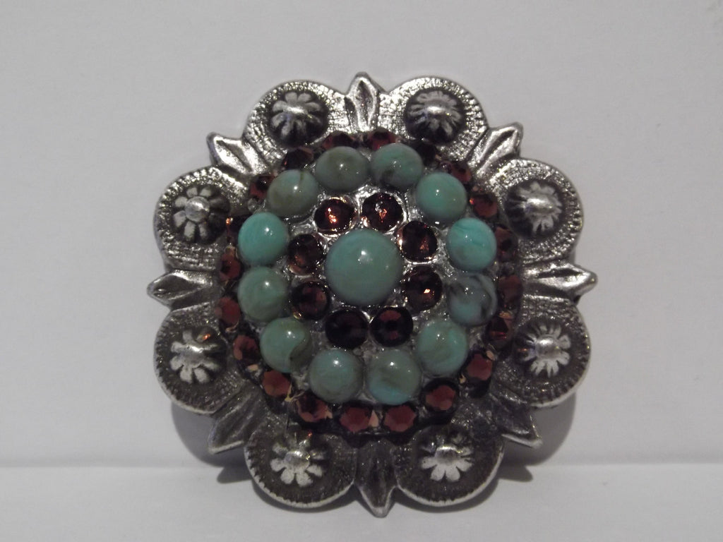 1 3/4" Custom Antique Silver Berry Concho - Smoked Topaz with Turquoise Center