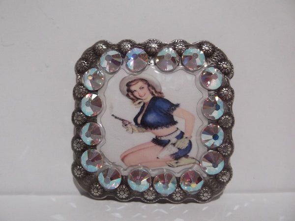 1 3/8" Custom Picture Concho - Pin Up Cowgirl With Pistol