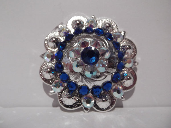 1 3/4" Custom Shiny Silver Berry Concho - Crystal AB with Capri Blue Center
