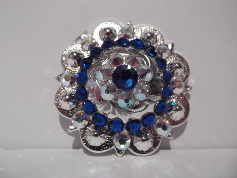 1 3/4" Custom Shiny Silver Berry Concho - Crystal AB with Capri Blue Center