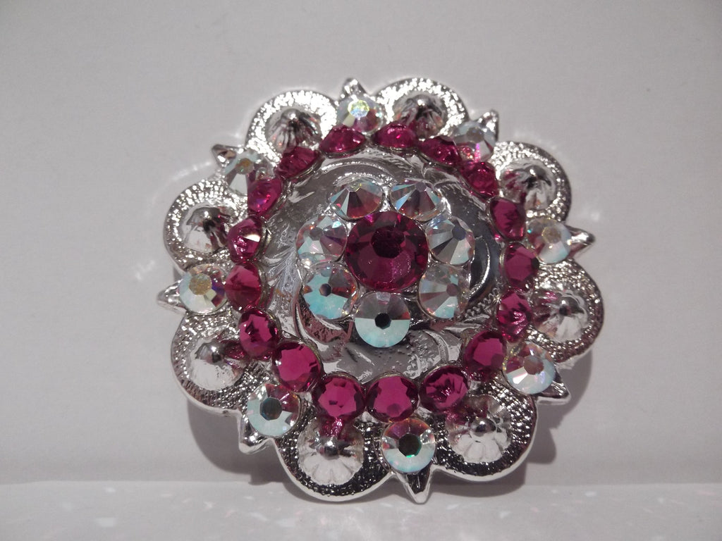 1 3/4" Custom Shiny Silver Berry Concho - Crystal AB with Fuchsia Center