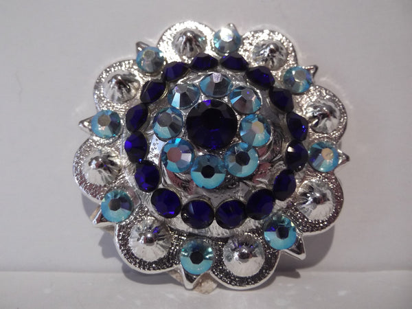 1 3/4" Custom Shiny Silver Berry Concho - Aquamarine AB with Cobalt Center