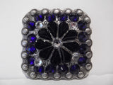 1 3/8" Custom Antique Silver Square Berry Concho - Cobalt Flower