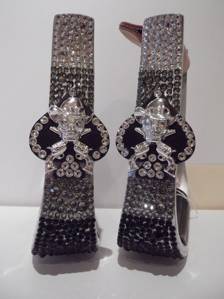 Custom Bling Aluminum Barrel Stirrups with Skull and Crossed Pistols Concho