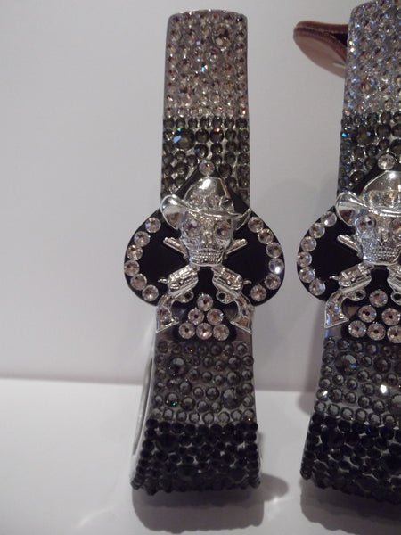 Custom Bling Aluminum Barrel Stirrups with Skull and Crossed Pistols Concho