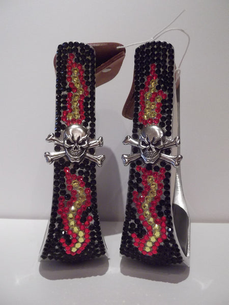 Custom Bling Aluminum Barrel Stirrups with Skull and Crossbones Concho