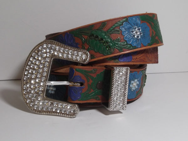 1 1/2" Custom Painted Floral Belt - Dark Blue / Light Blue