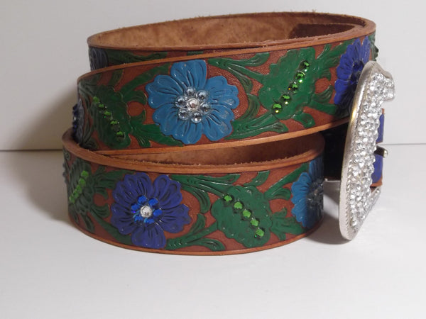1 1/2" Custom Painted Floral Belt - Dark Blue / Light Blue