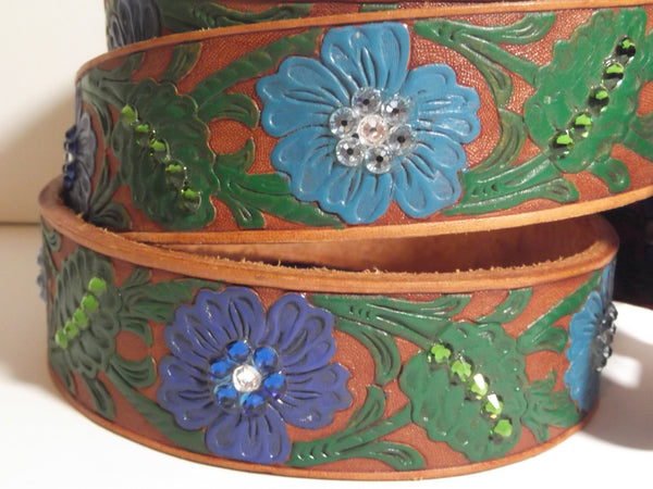 1 1/2" Custom Painted Floral Belt - Dark Blue / Light Blue
