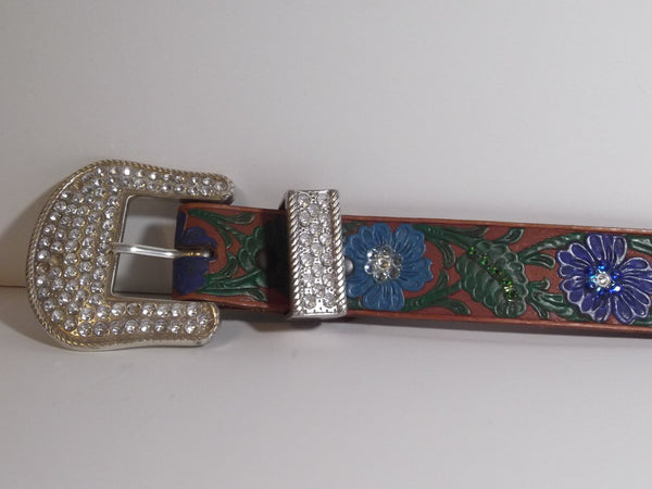 1 1/2" Custom Painted Floral Belt - Dark Blue / Light Blue