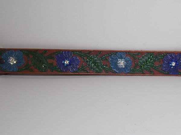 1 1/2" Custom Painted Floral Belt - Dark Blue / Light Blue