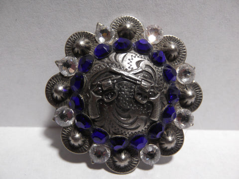 1 1/2" Custom Antique Silver Crossed Pistols Concho - Crystal and Cobalt