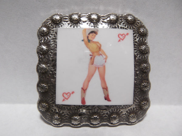 1 3/8" Custom Picture Concho - Pin Up Cowgirl With Hearts