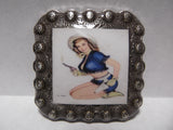 1 3/8" Custom Picture Concho - Pin Up Cowgirl With Pistol