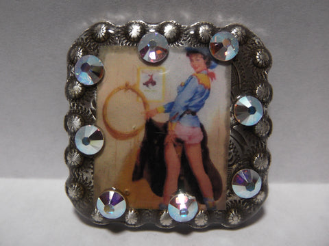 1 3/8" Custom Picture Concho - Pin Up Cowgirl With Chinks