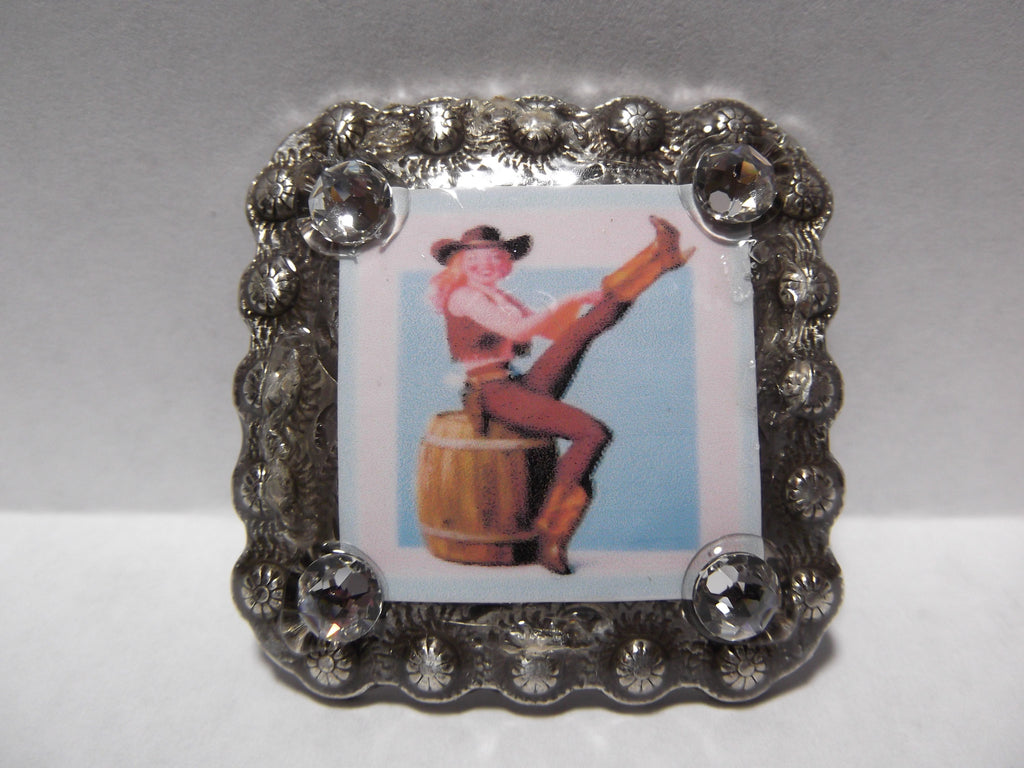 1 3/8" Custom Picture Concho - Cowgirl on Barrel