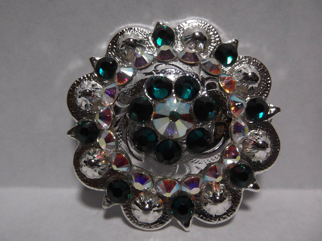 1 3/4" Custom Shiny Silver Berry Concho - Emerald with Crystal AB Center