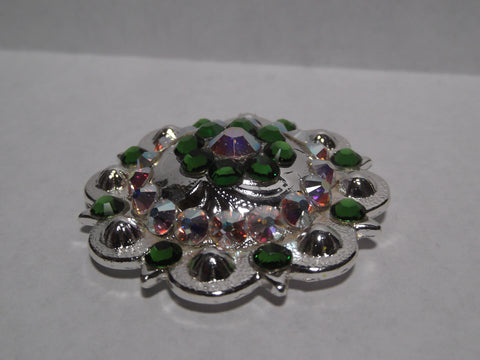 1 3/4" Custom Shiny Silver Berry Concho - Fern Green with Crystal AB Center