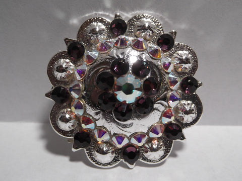 1 3/4" Custom Shiny Silver Berry Concho - Amethyst with Crystal AB Center
