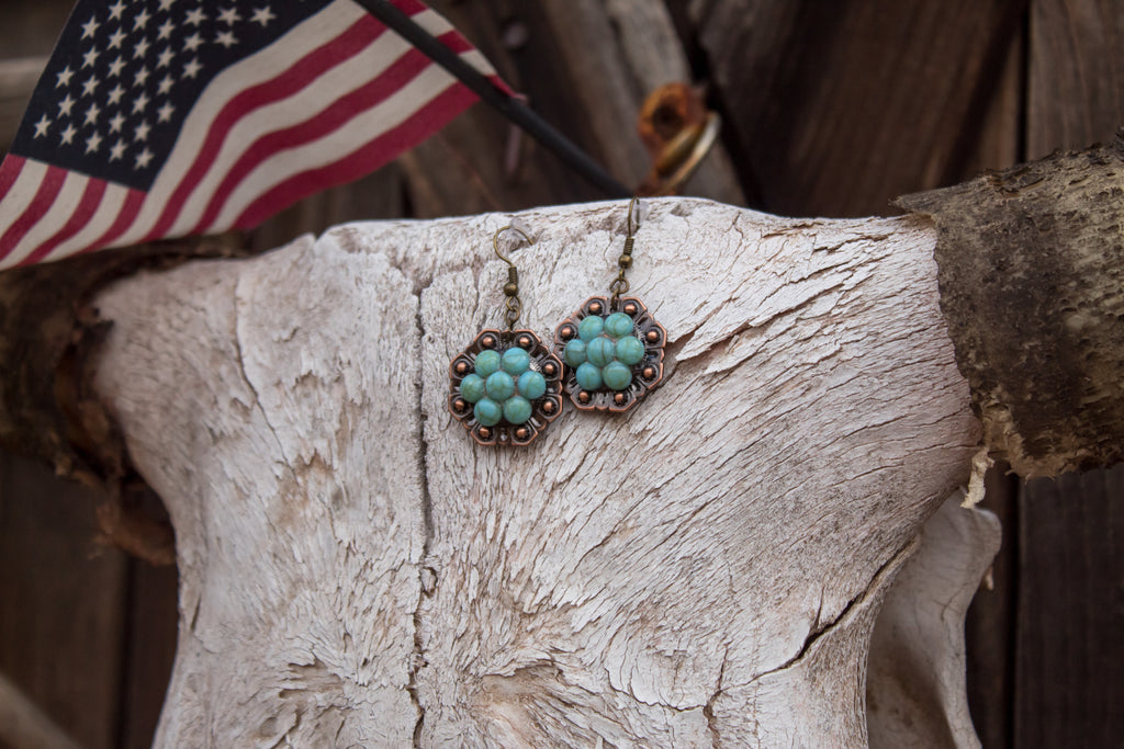 1" Copper Octagon Berry Concho Earrings - Turquoise