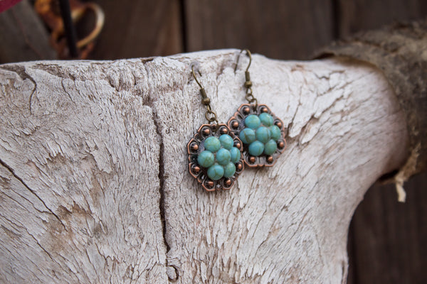 1" Copper Octagon Berry Concho Earrings - Turquoise
